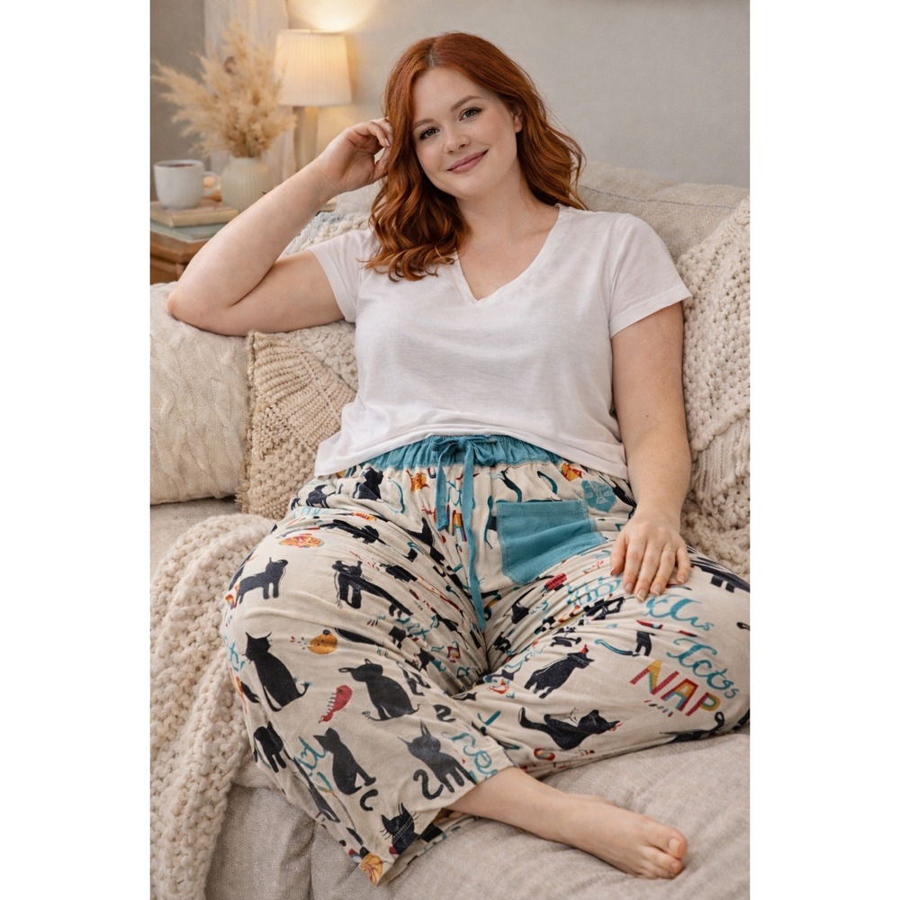 Lounge Relaxed Cat Nap Black Cat Lazy One Cream Teal Cotton M Pajama Pants